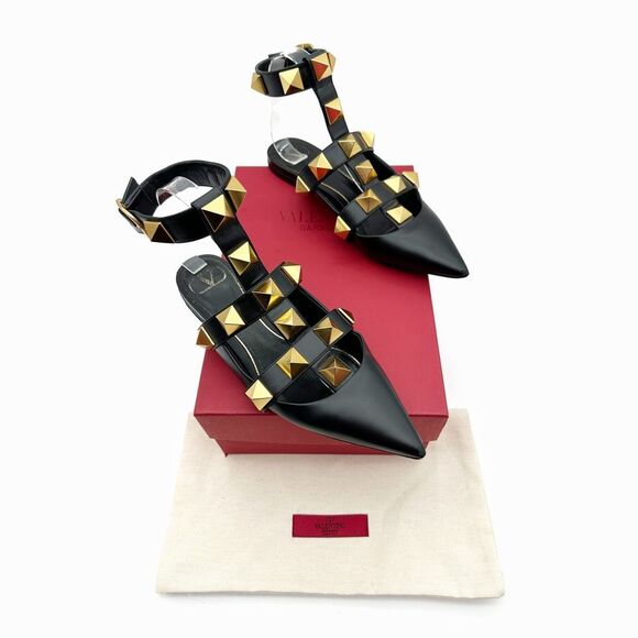 VALENTINO Roman Rockstud Black Gold Cage Flat 38.5 Pointed Toe Leather Gladiator - Picture 3 of 15
